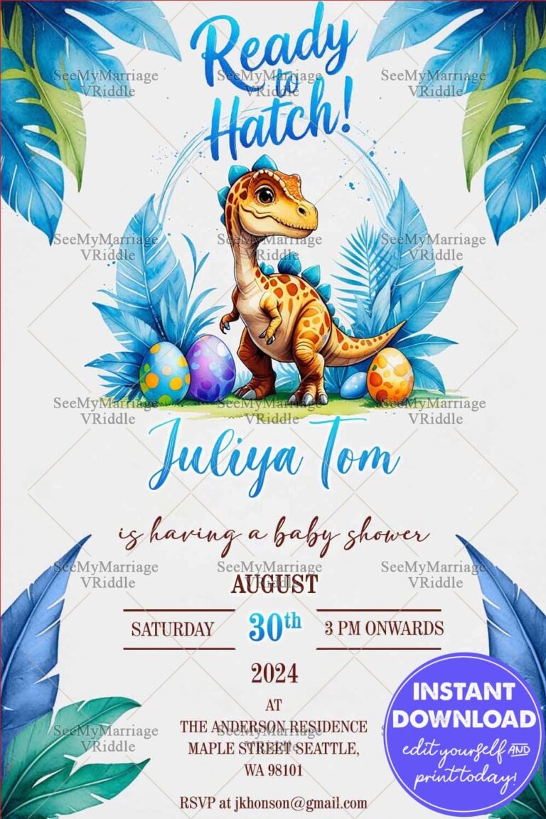 Ready to Hatch Dinosaur Baby Shower Invitation with Eggs and Tropical Leaves Design