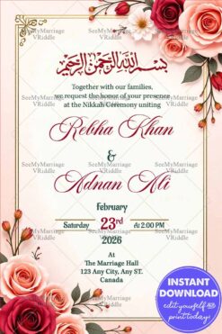 Pink Rose Theme Nikkah Walima Invitation Card with Arabic Calligraphy