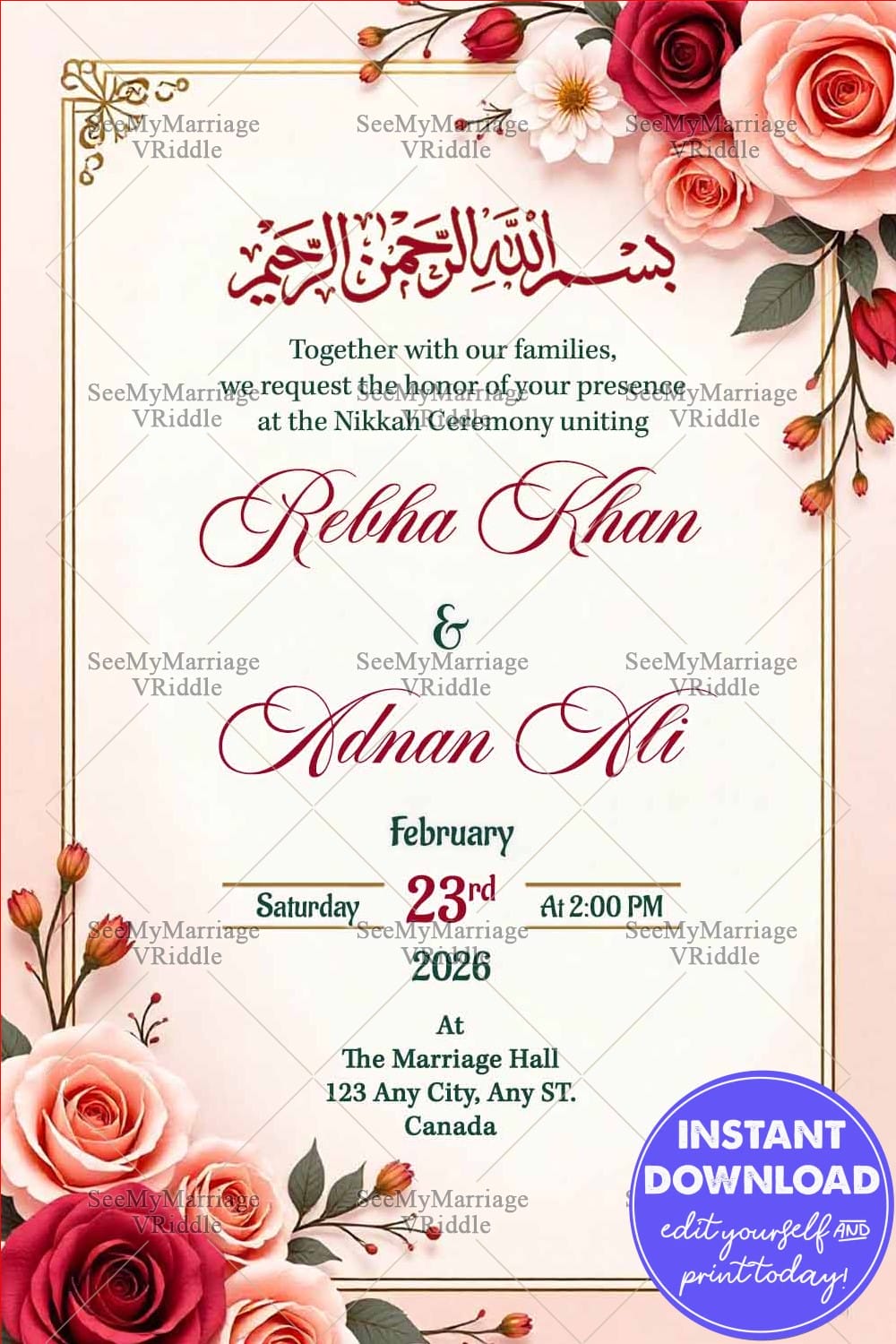 Pink Rose Theme Nikkah Walima Invitation Card with Arabic Calligraphy