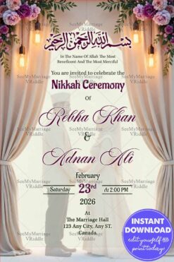 Bride and Groom Silhouette Nikkah Walima Invitation Card with Curtain, Rose Garland and Warm Lights
