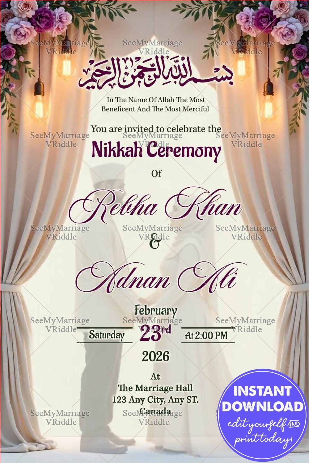 Bride and Groom Silhouette Nikkah Walima Invitation Card with Curtain, Rose Garland and Warm Lights
