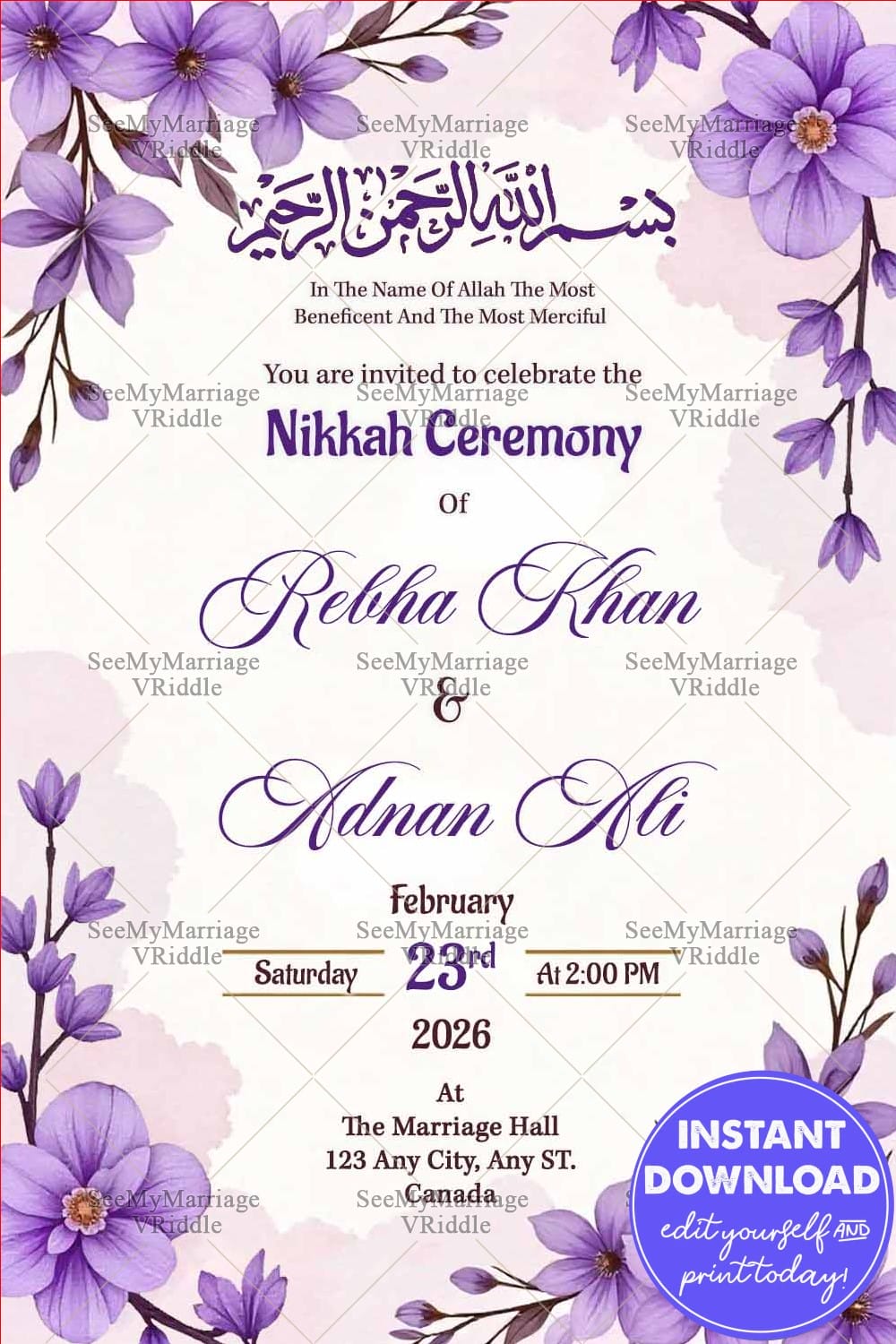 Purple Blossoms Nikkah Walima Invitation Card with Floral Watercolor Design