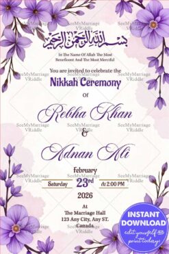 Purple Blossoms Nikkah Walima Invitation Card with Floral Watercolor Design