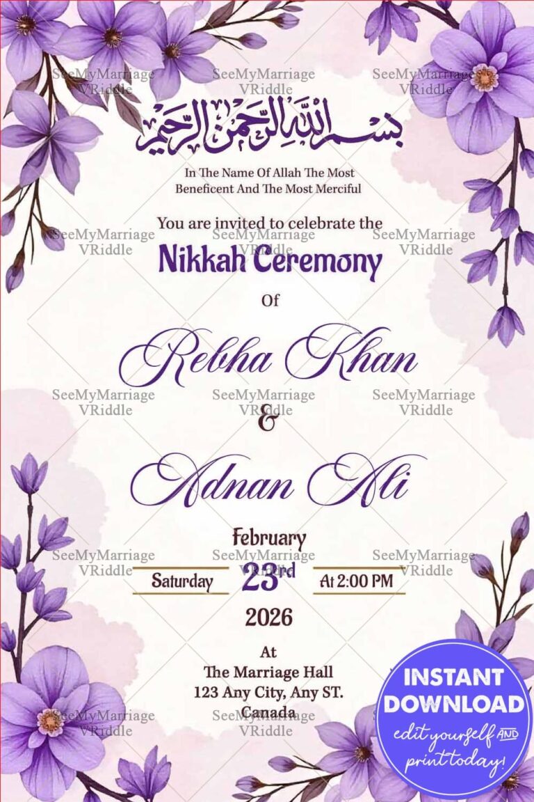 Purple Blossoms Nikkah Walima Invitation Card with Floral Watercolor Design