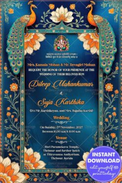 Majestic Peacock Theme Wedding Invitation Card with Lotus and Floral Borders