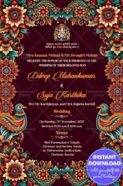 Kalamkari Peacocks Maroon Wedding Invitation Card with Ganesha Blessing