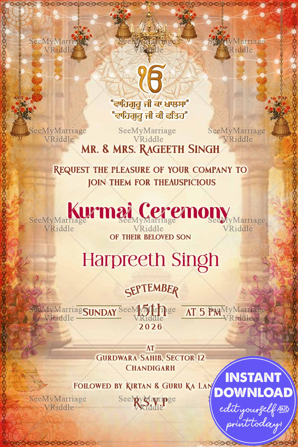 Kurmai Invitation Card with Hanging Bells and Floral Garlands featuring a Golden Chandelier and Ornamental Arch in Warm Tones