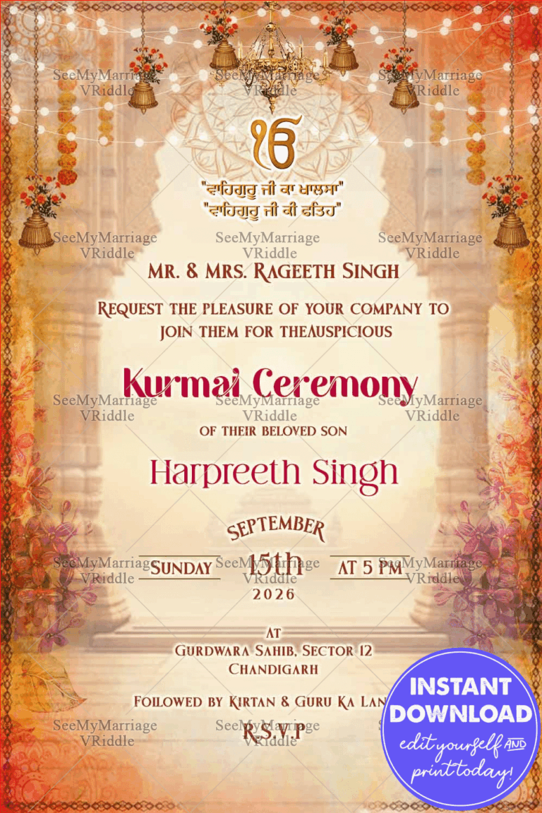 Kurmai Invitation Card with Hanging Bells and Floral Garlands featuring a Golden Chandelier and Ornamental Arch in Warm Tones