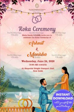 Romantic Proposal Roka Ceremony Card with Elegant Floral Theme, Fireworks and Watercolor Landscape