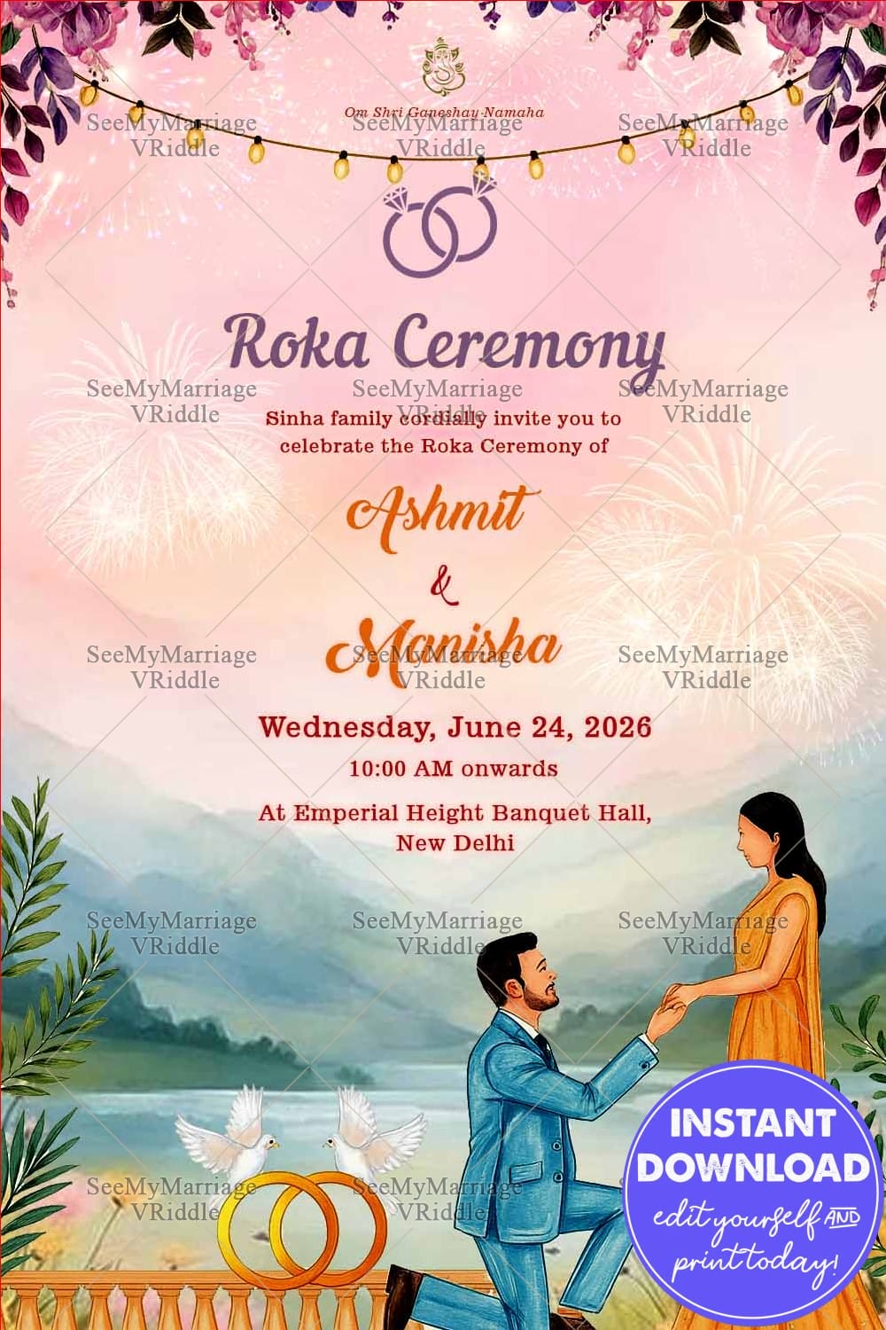 Romantic Proposal Roka Ceremony Card with Elegant Floral Theme, Fireworks and Watercolor Landscape