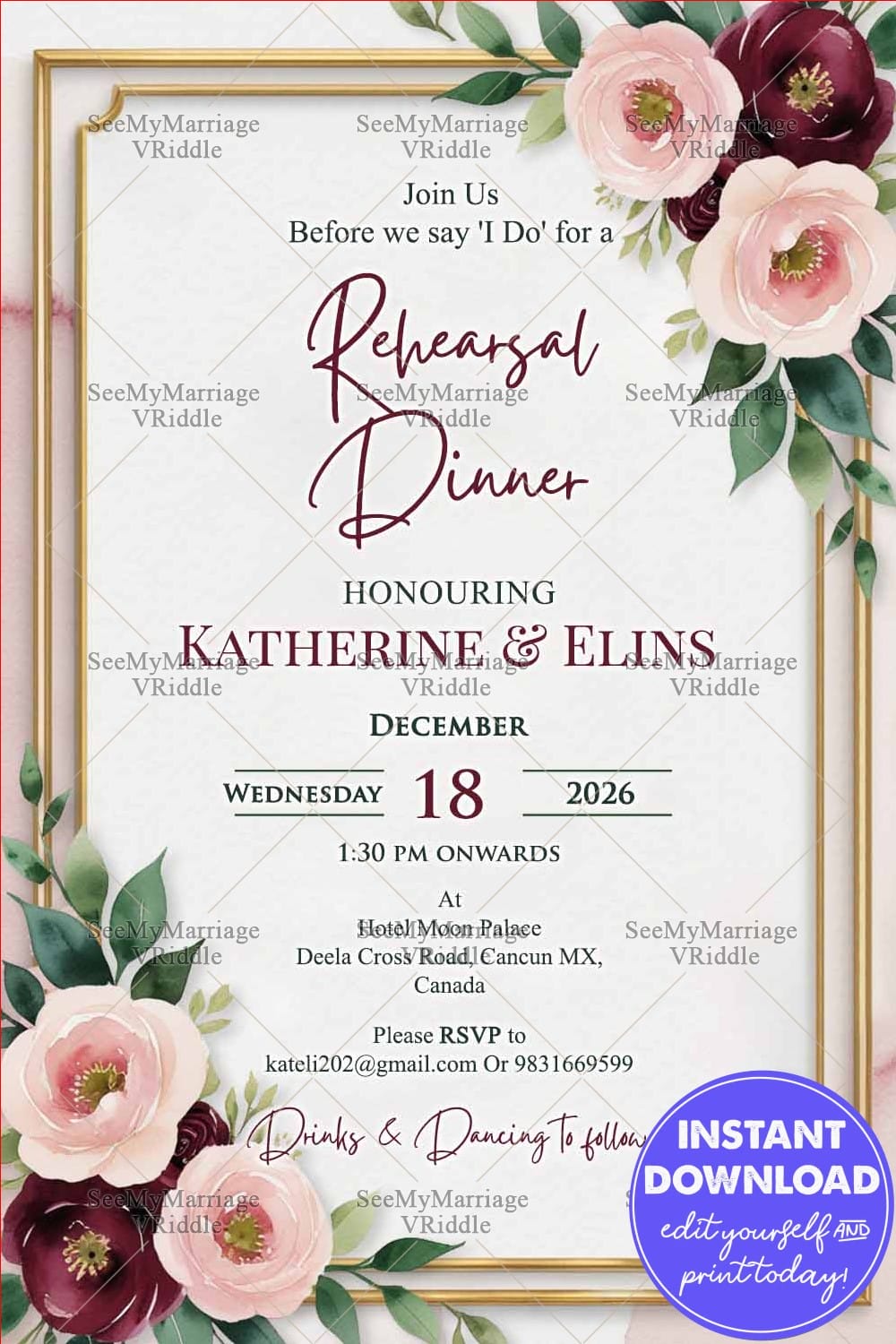 Blush & Burgundy Blooms Rehearsal Dinner Invitation Card with Gold Accents and Dusty Rose