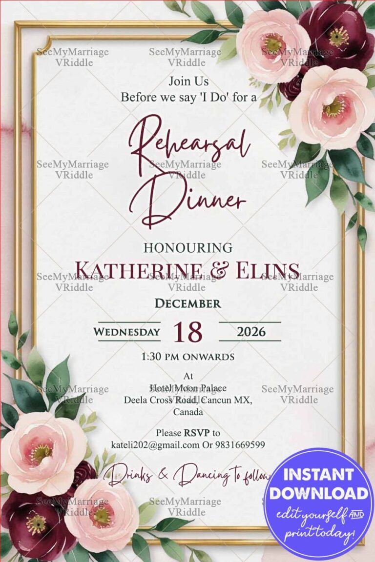 Blush & Burgundy Blooms Rehearsal Dinner Invitation Card with Gold Accents and Dusty Rose