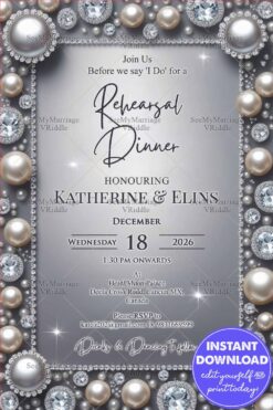Pearl Diamond Rehearsal Dinner Invitation Card with Glamorous Silver Theme and Luxury Gem Accents