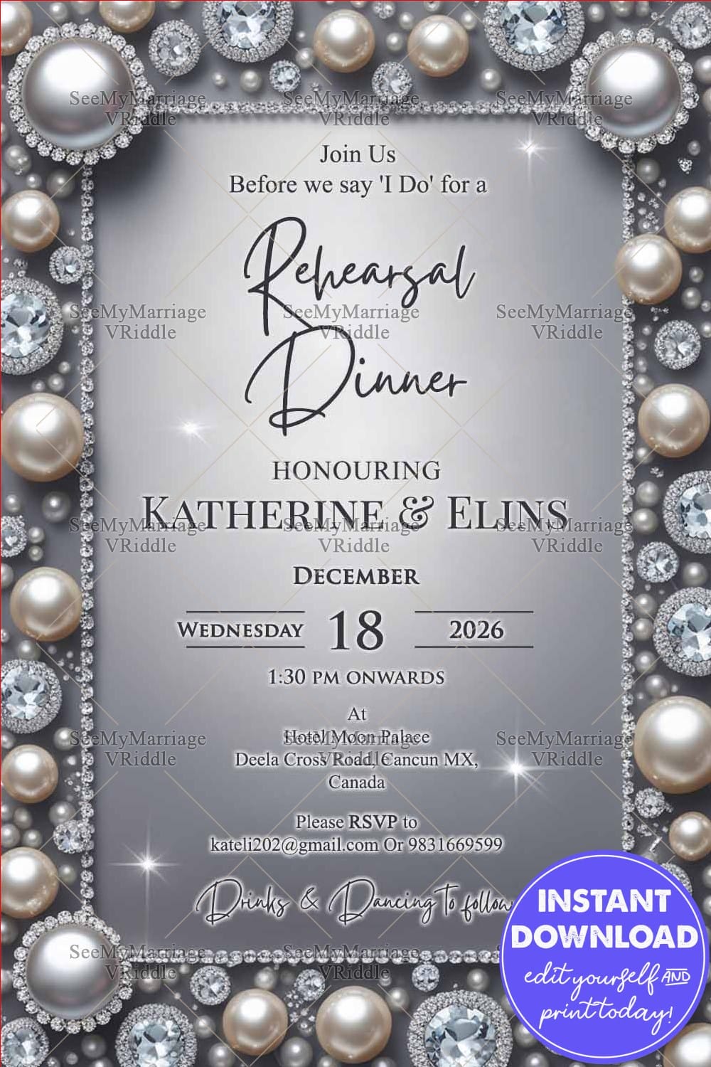 Pearl Diamond Rehearsal Dinner Invitation Card with Glamorous Silver Theme and Luxury Gem Accents