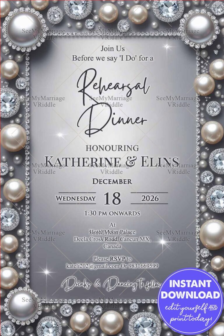 Pearl Diamond Rehearsal Dinner Invitation Card with Glamorous Silver Theme and Luxury Gem Accents