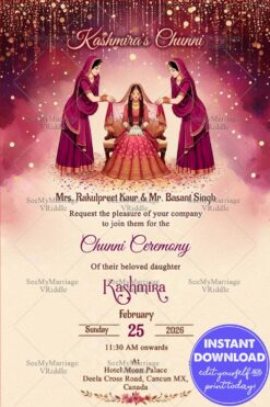 Maroon & Gold Theme Chunni Ceremony Card with Illustrated Bride and Cultural Detailing