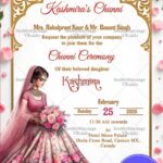 Rose Gold Chunni Ceremony with Elegant Bride Illustration, Floral Details and Ornate Frame