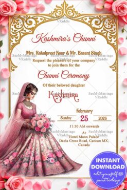Rose Gold Chunni Ceremony with Elegant Bride Illustration, Floral Details and Ornate Frame