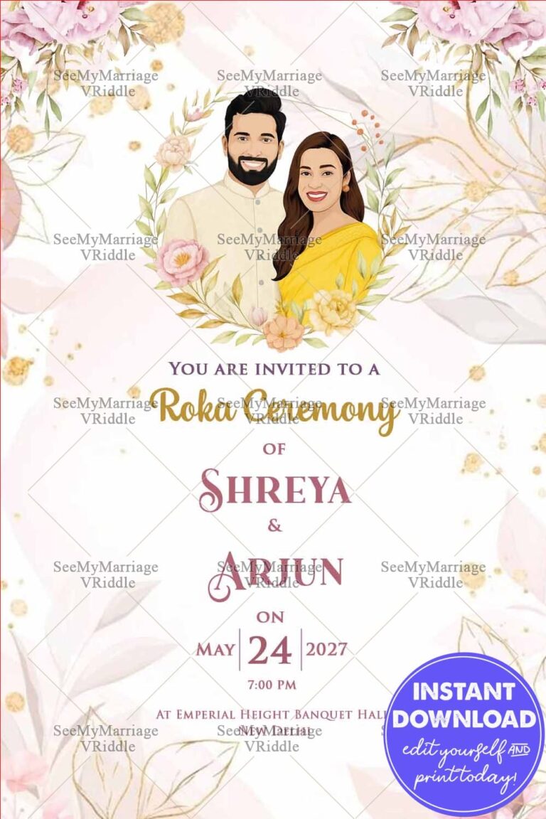 Pastel Theme Roka Ceremony Card with Add Photo, Illustrated Couple and Botanical Accents