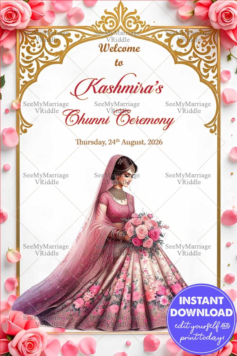 Chunni Ceremony Card Welcome Sign Board with Rose Petals and Golden Frame