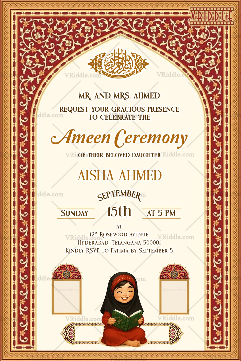 Ameen Ceremony Invitation with Quran Reading Girl Illustration and Islamic Red Arch Traditional Motif on White BG