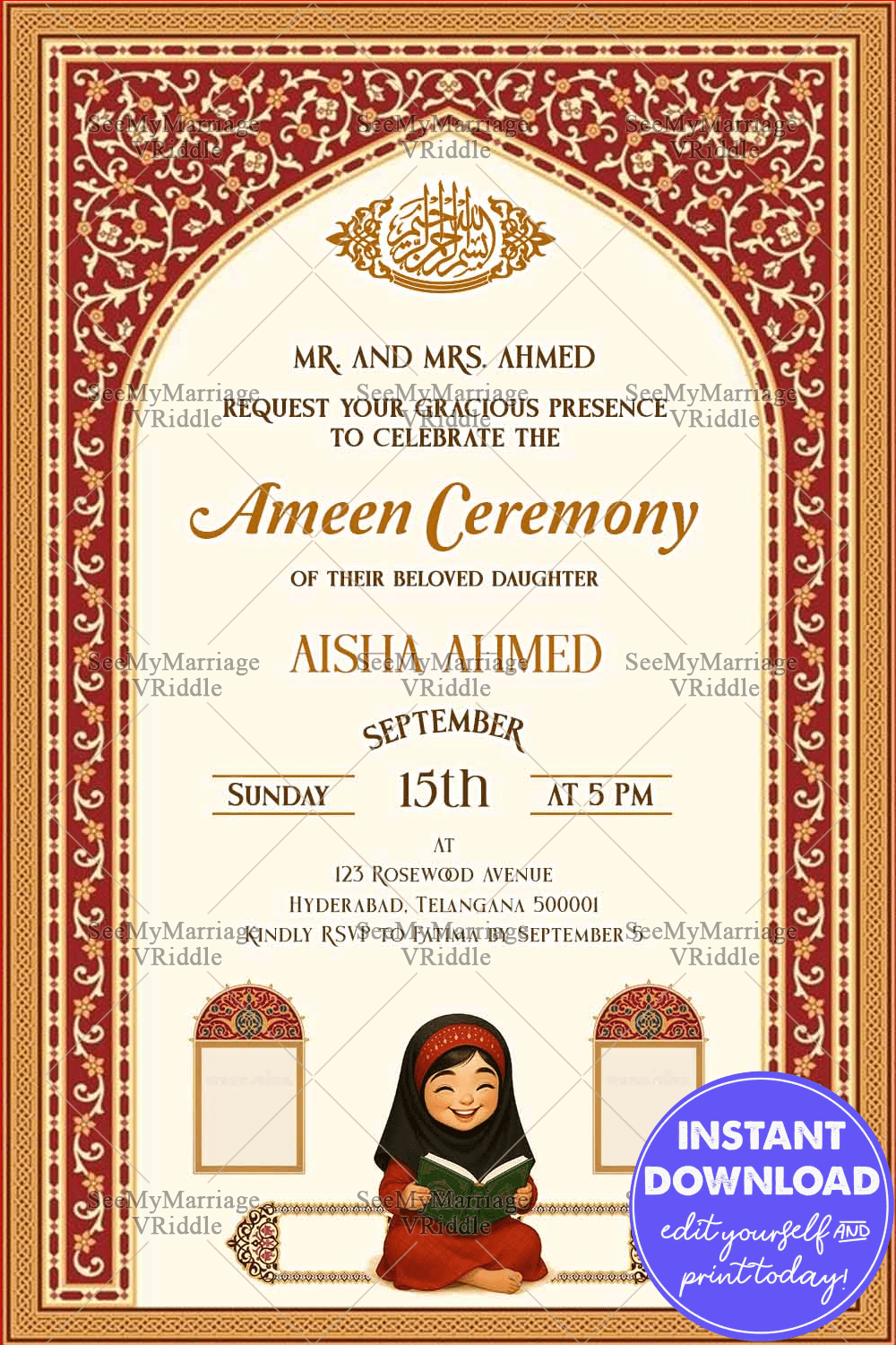 Ameen Ceremony Invitation with Quran Reading Girl Illustration and Islamic Red Arch Traditional Motif on White BG