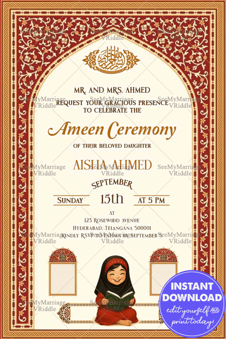 Ameen Ceremony Invitation with Quran Reading Girl Illustration and Islamic Red Arch Traditional Motif on White BG