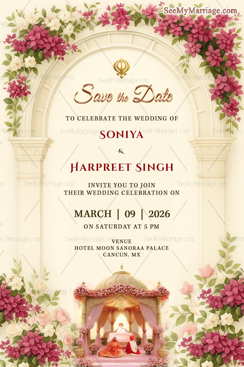 Archway Bougainvillea Floral Punjabi Wedding Invitation and Traditional Sikh Ceremony Illustration with Mandap in Cream BG