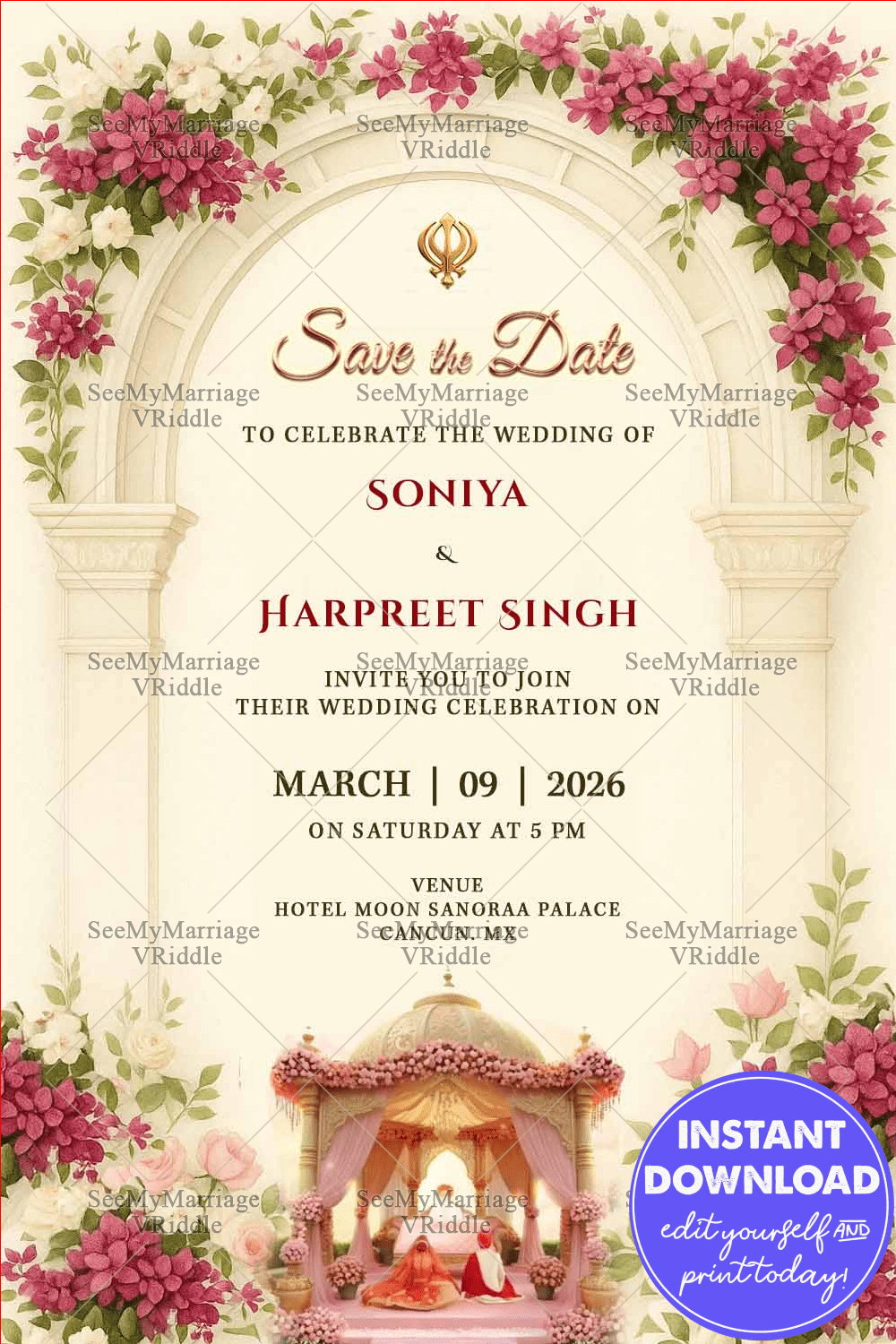 Archway Bougainvillea Floral Punjabi Wedding Invitation and Traditional Sikh Ceremony Illustration with Mandap in Cream BG