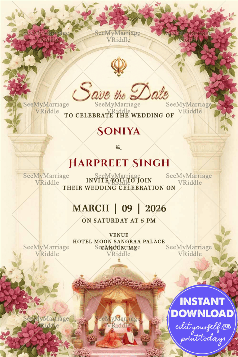 Archway Bougainvillea Floral Punjabi Wedding Invitation and Traditional Sikh Ceremony Illustration with Mandap in Cream BG