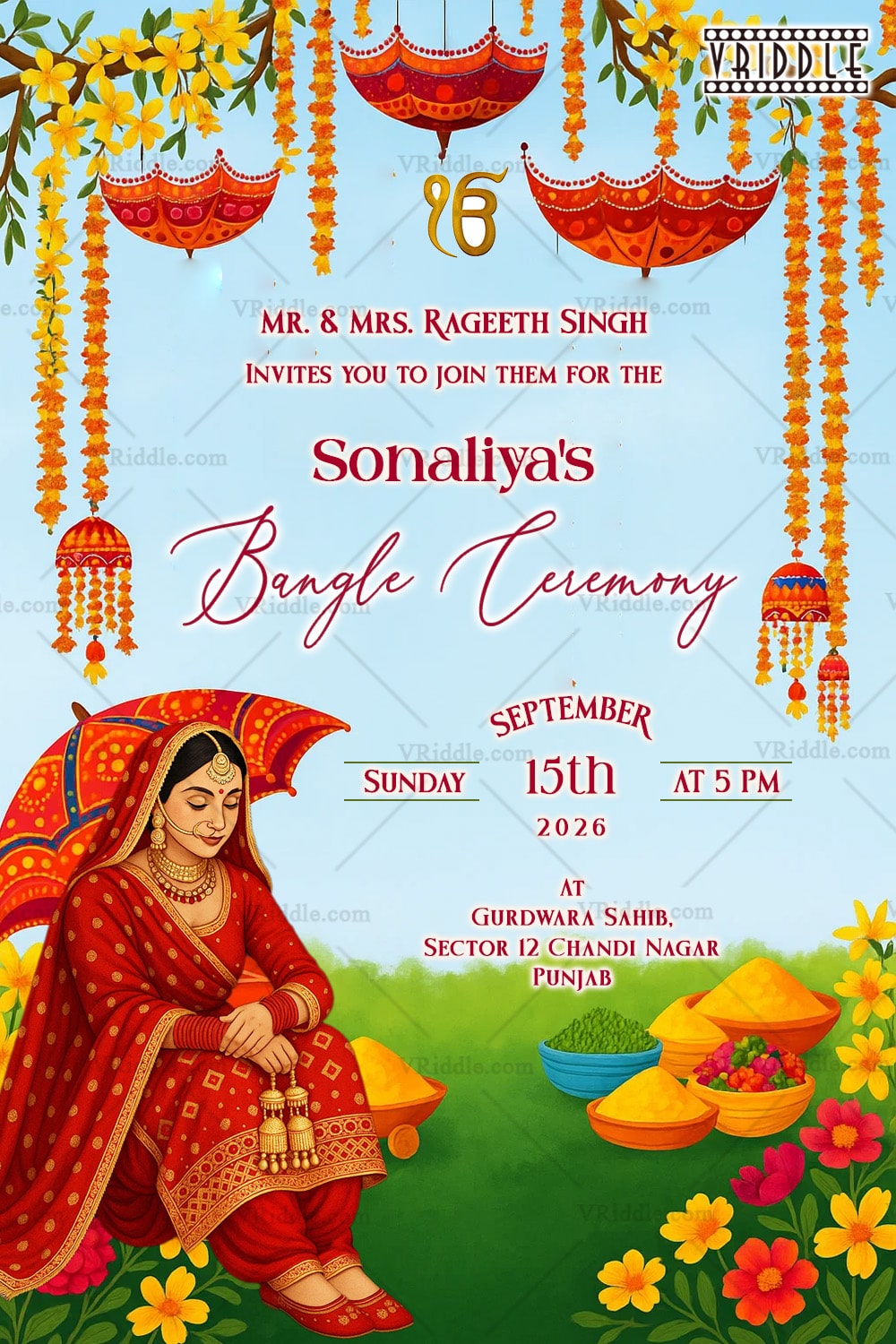 Bangle Ceremony Invitation Featuring Traditional Punjabi Bride Illustration with Marigold Floral Hangings and Vibrant Umbrellas