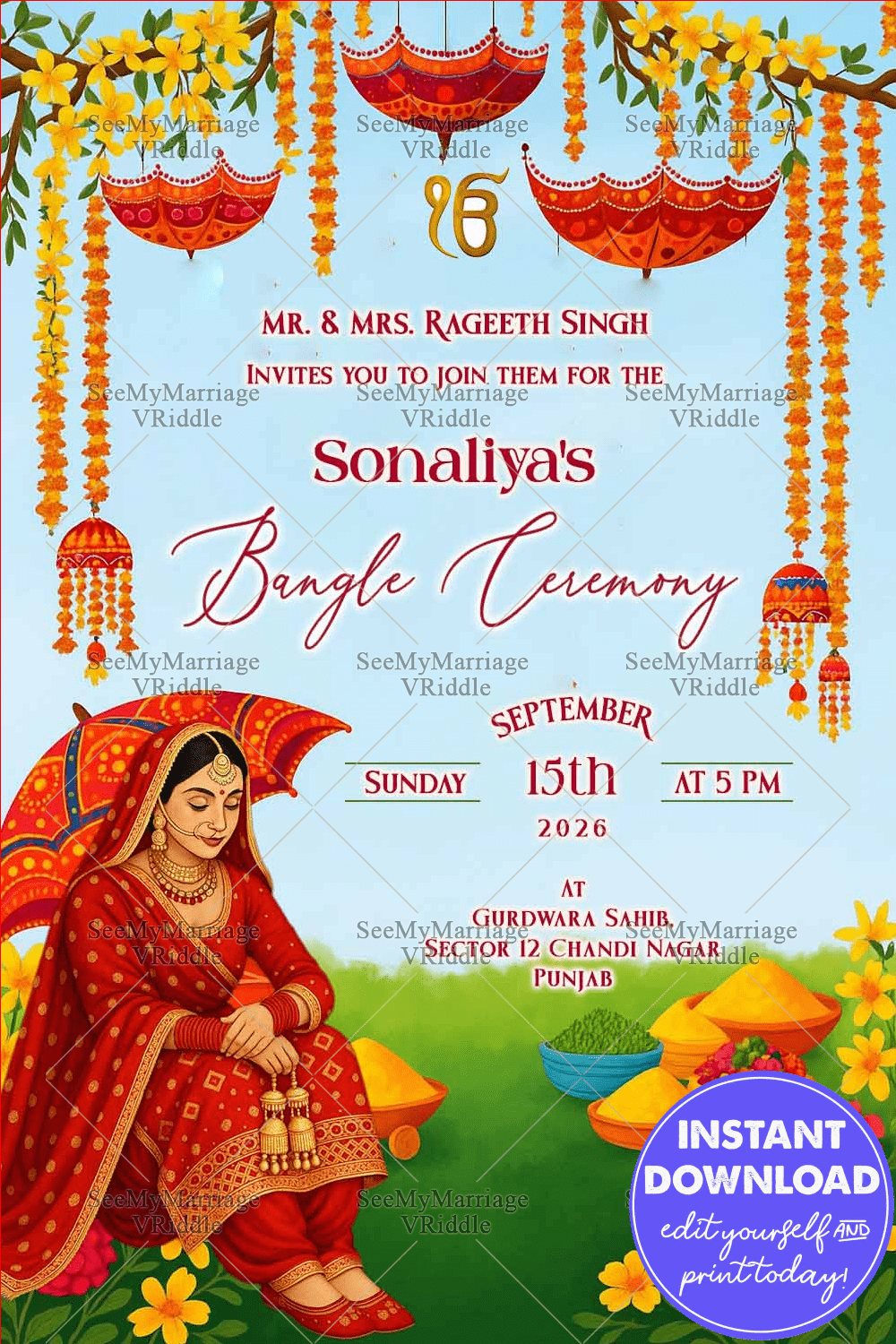 Bangle Ceremony Invitation Featuring Traditional Punjabi Bride Illustration with Marigold Floral Hangings and Vibrant Umbrellas