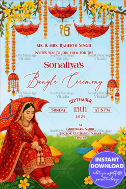 Bangle Ceremony Invitation Featuring Traditional Punjabi Bride Illustration with Marigold Floral Hangings and Vibrant Umbrellas