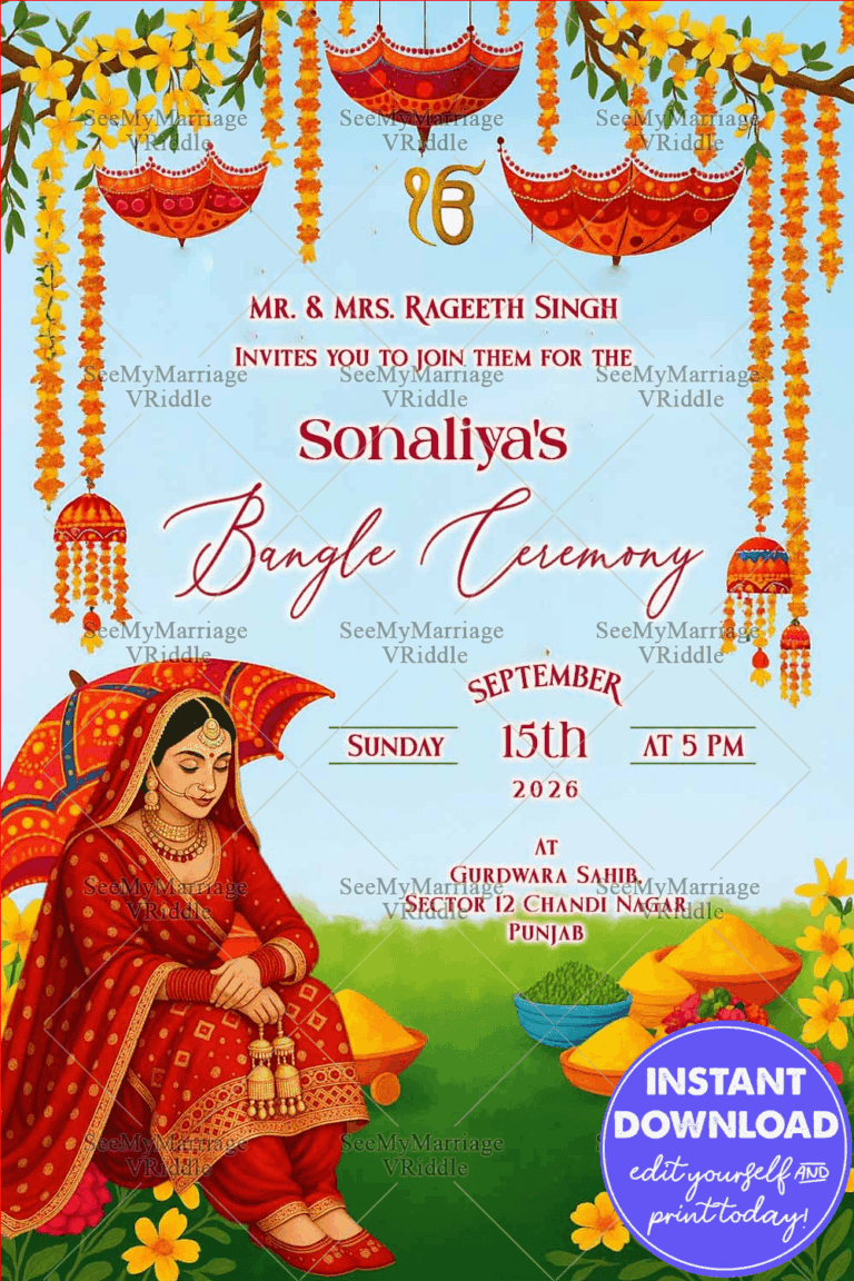 Bangle Ceremony Invitation Featuring Traditional Punjabi Bride Illustration with Marigold Floral Hangings and Vibrant Umbrellas