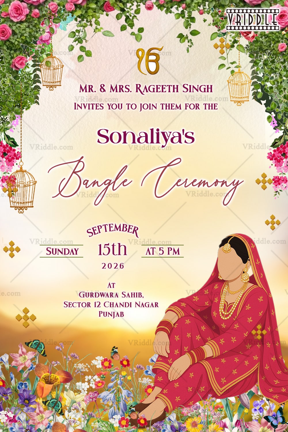 Bangle Ceremony Invitation with traditional Punjabi Bride Illustration and Floral Hanging and glowing sunset backdrop