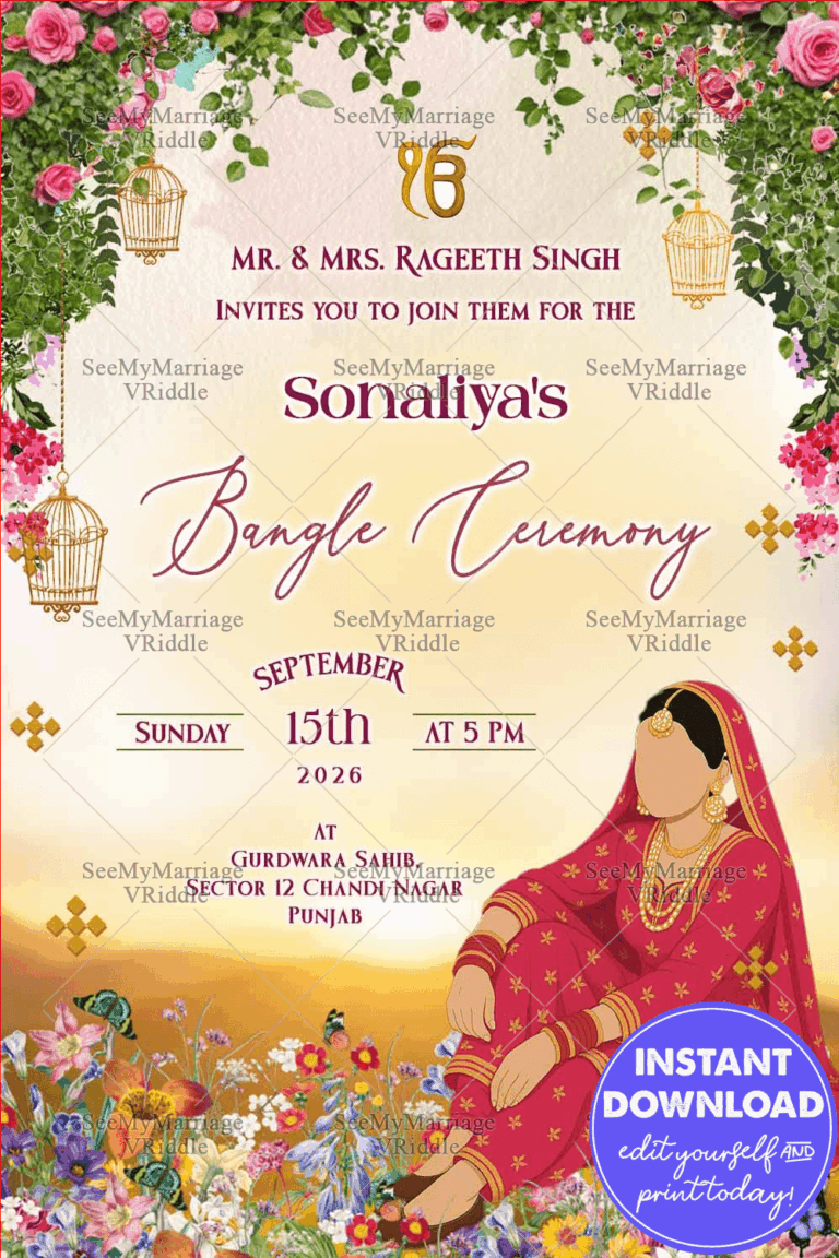Punjabi Bangle Ceremony Invitation with Traditional Bride Illustration and Floral Hanging and Glowing Sunset Backdrop