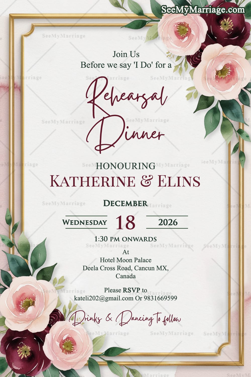 Blush & Burgundy Blooms Rehearsal Dinner Invitation Card with Gold Accents and Dusty Rose