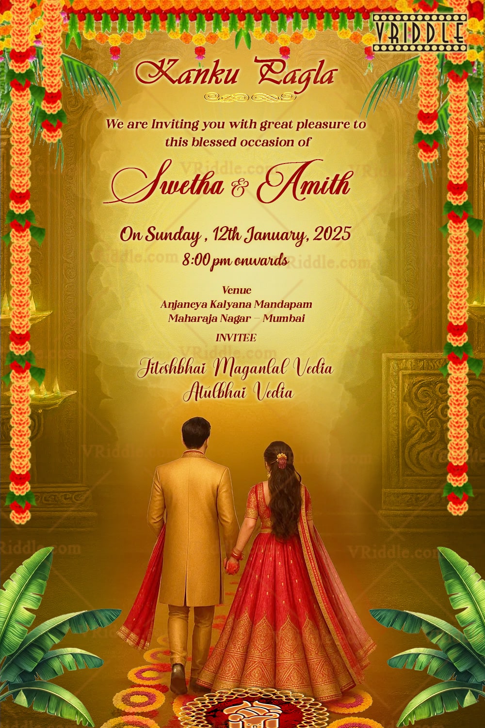 Bride Groom Illustration Kanku Pagla Ceremony Invitation with Traditional Marigold Hangings & Floral Design In Golden Yellow BG