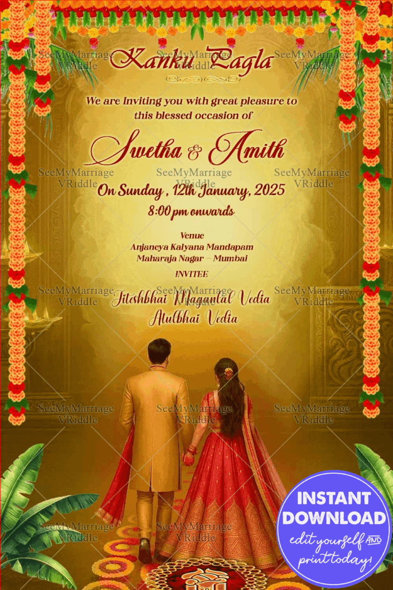 Bride Groom Illustration Kanku Pagla Ceremony Invitation with Traditional Marigold Hangings & Floral  Design In Golden Yellow BG
