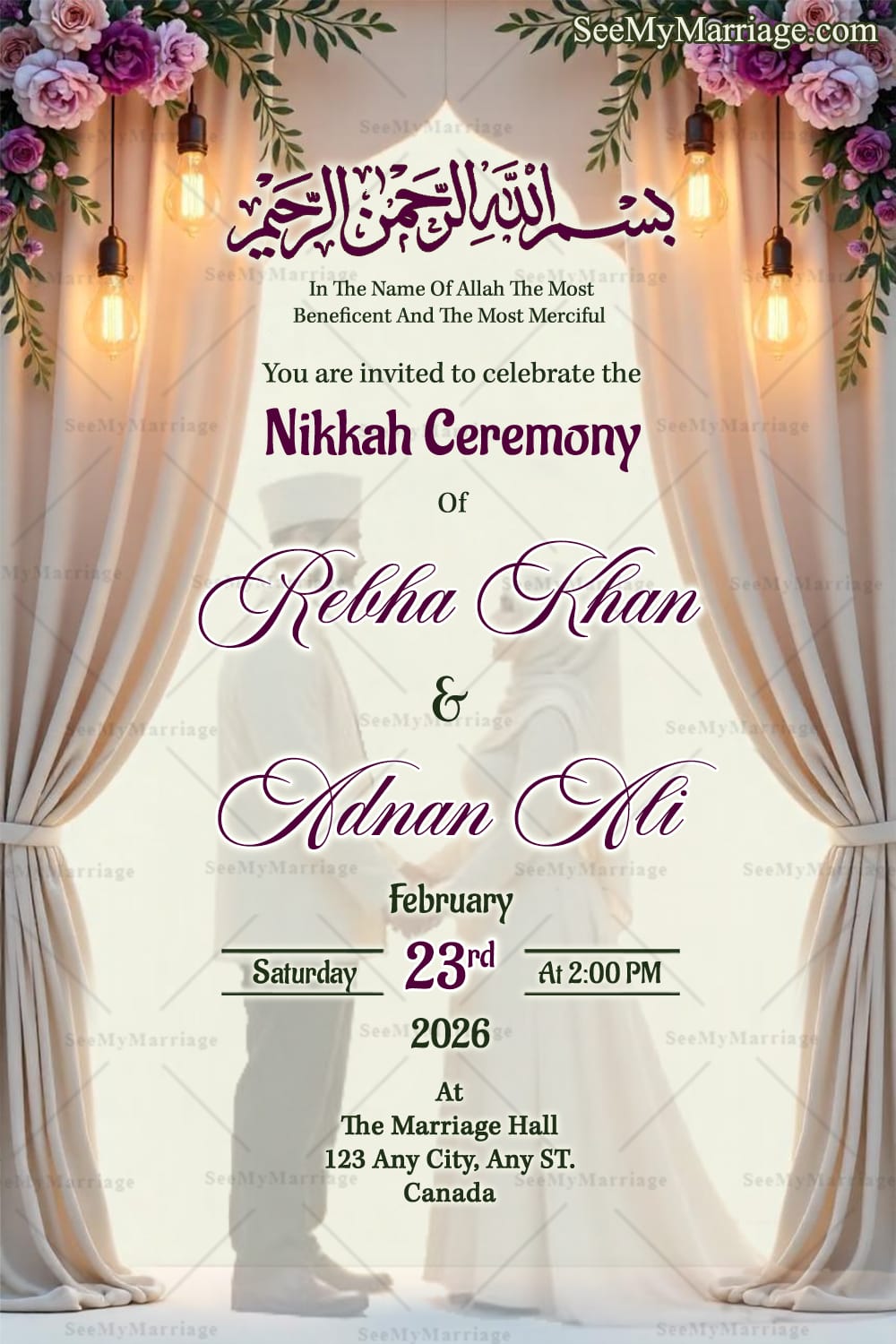 Bride and Groom Silhouette Nikkah Walima Invitation Card with Curtain, Rose Garland and Warm Lights