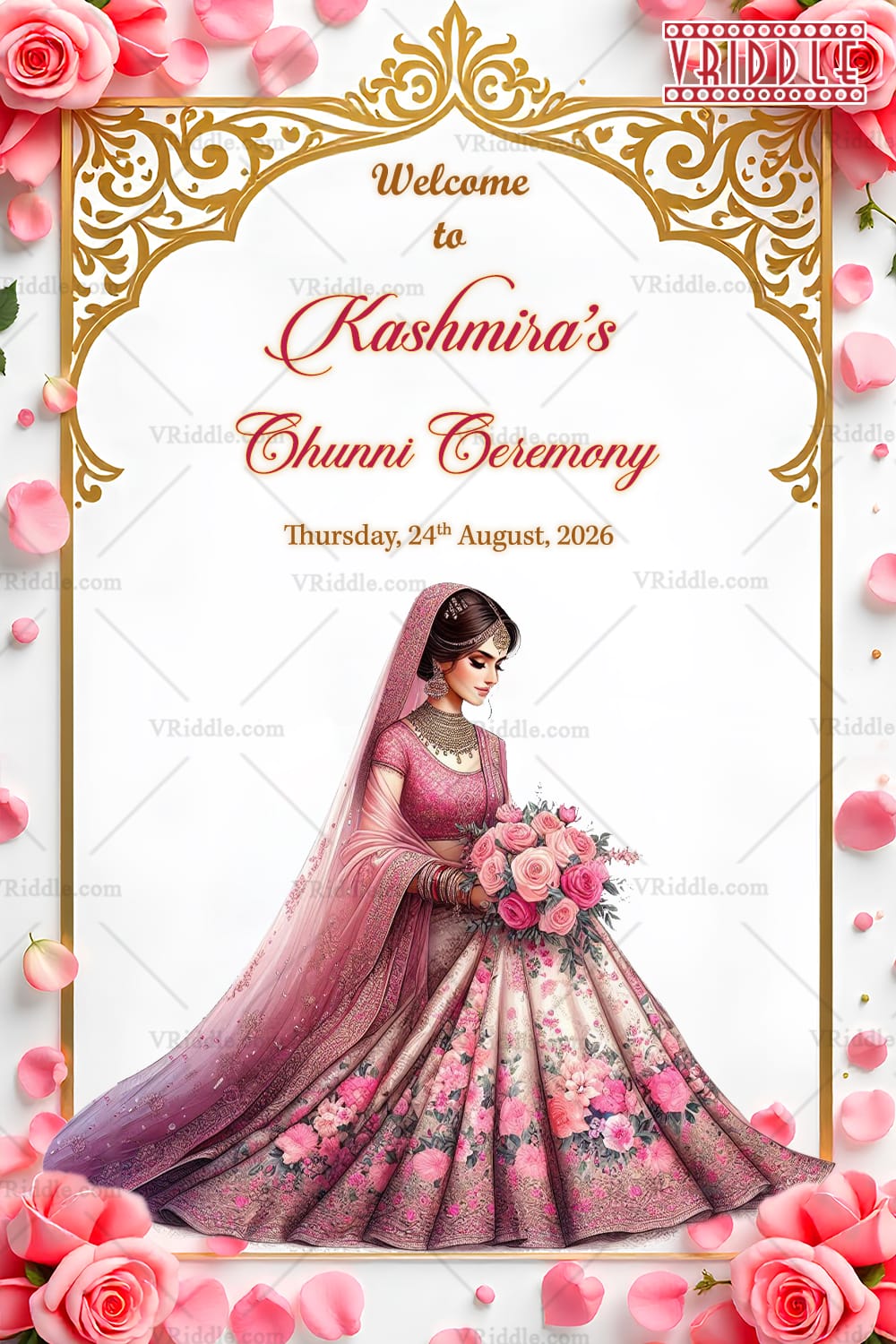 Chunni Ceremony Card Welcome Sign Board with Rose Petals and Golden Frame