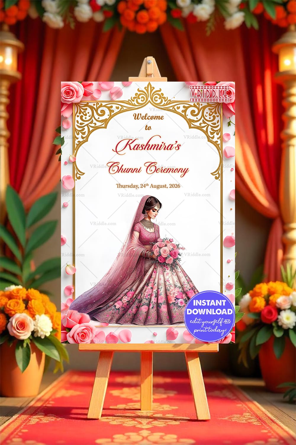 Chunni Ceremony Card Welcome Sign Board with Rose Petals and Golden Frame