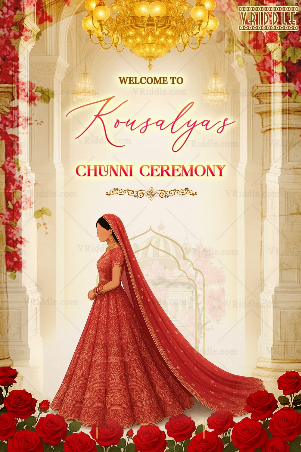 Chunni Ceremony Welcome Sign Board Featuring a Punjabi Bride Illustration in Palace Arch with Red Roses and Chandeliers