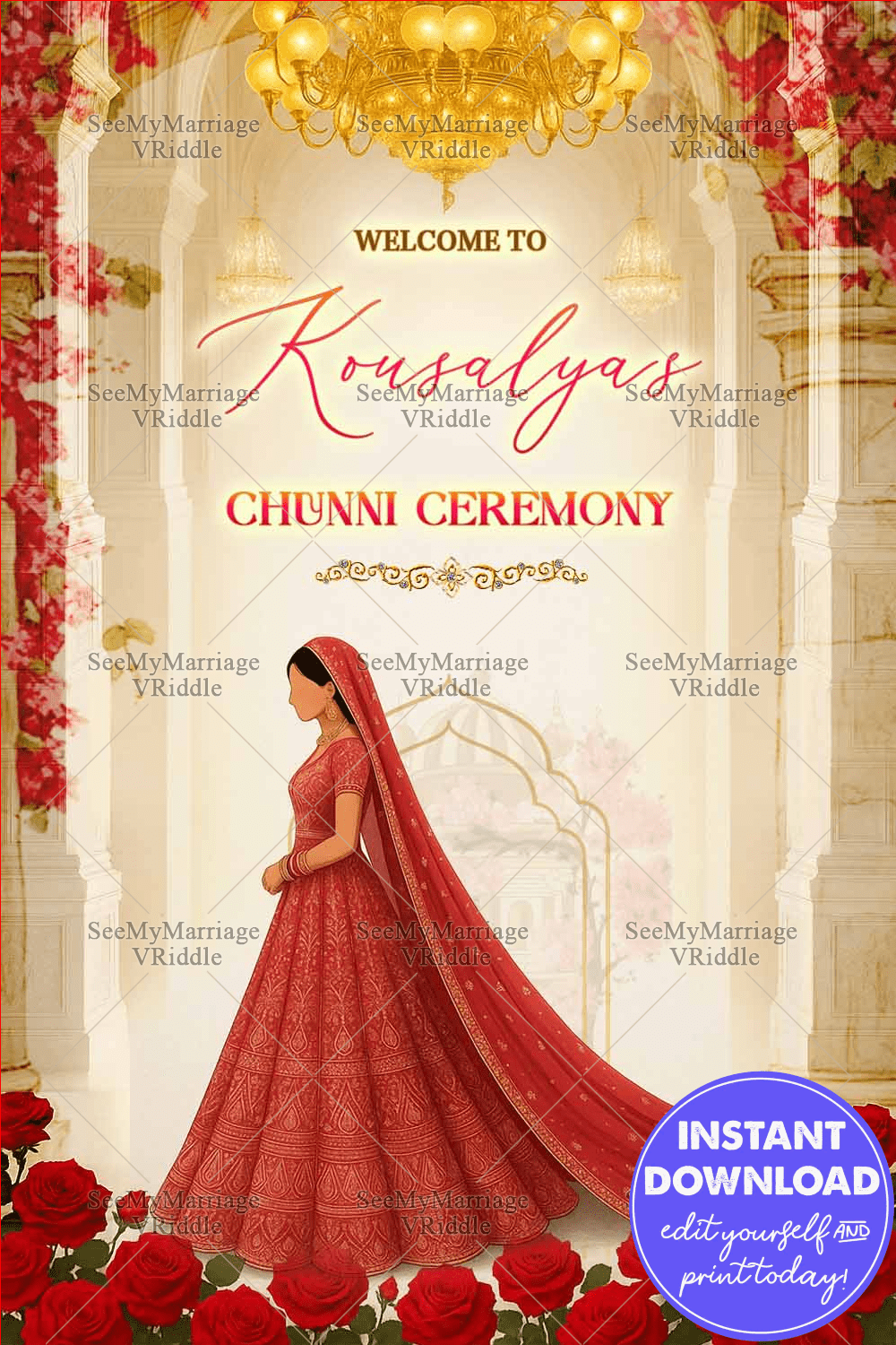 Chunni Ceremony Welcome Sign Board Featuring a Punjabi Bride Illustration in Palace Arch with Red Roses and Chandeliers