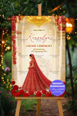 Chunni Ceremony Welcome Sign Board Featuring a Punjabi Bride Illustration in Palace Arch with Red Roses and Chandeliers