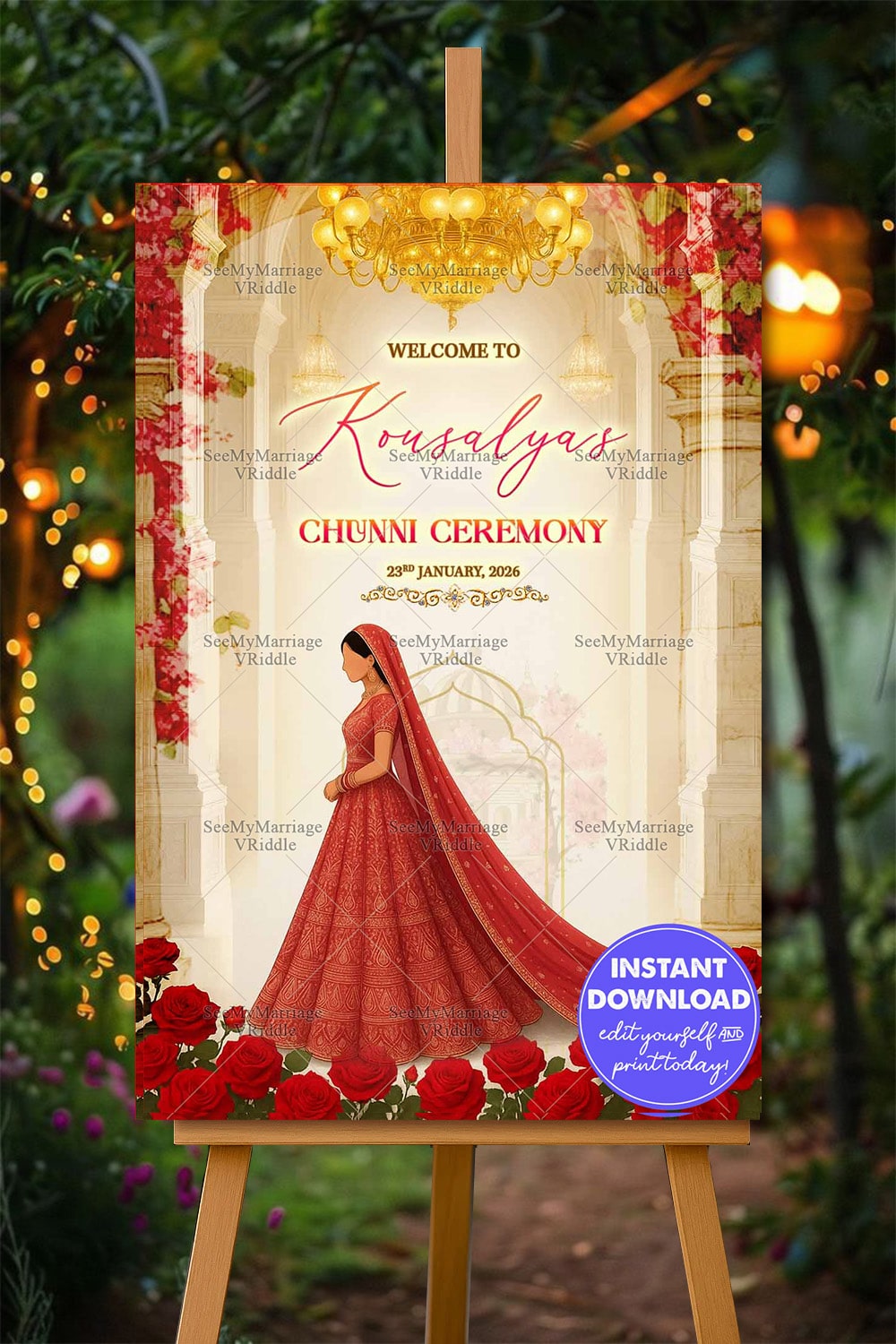 Chunni Ceremony Welcome Sign Board Featuring a Punjabi Bride Illustration in Palace Arch with Red Roses and Chandeliers
