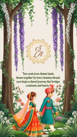 Couple Walking Theme Wedding Invitation Video with Floral Forest Backdrop and Haldi, Sangeet, Reception, Save The Date
