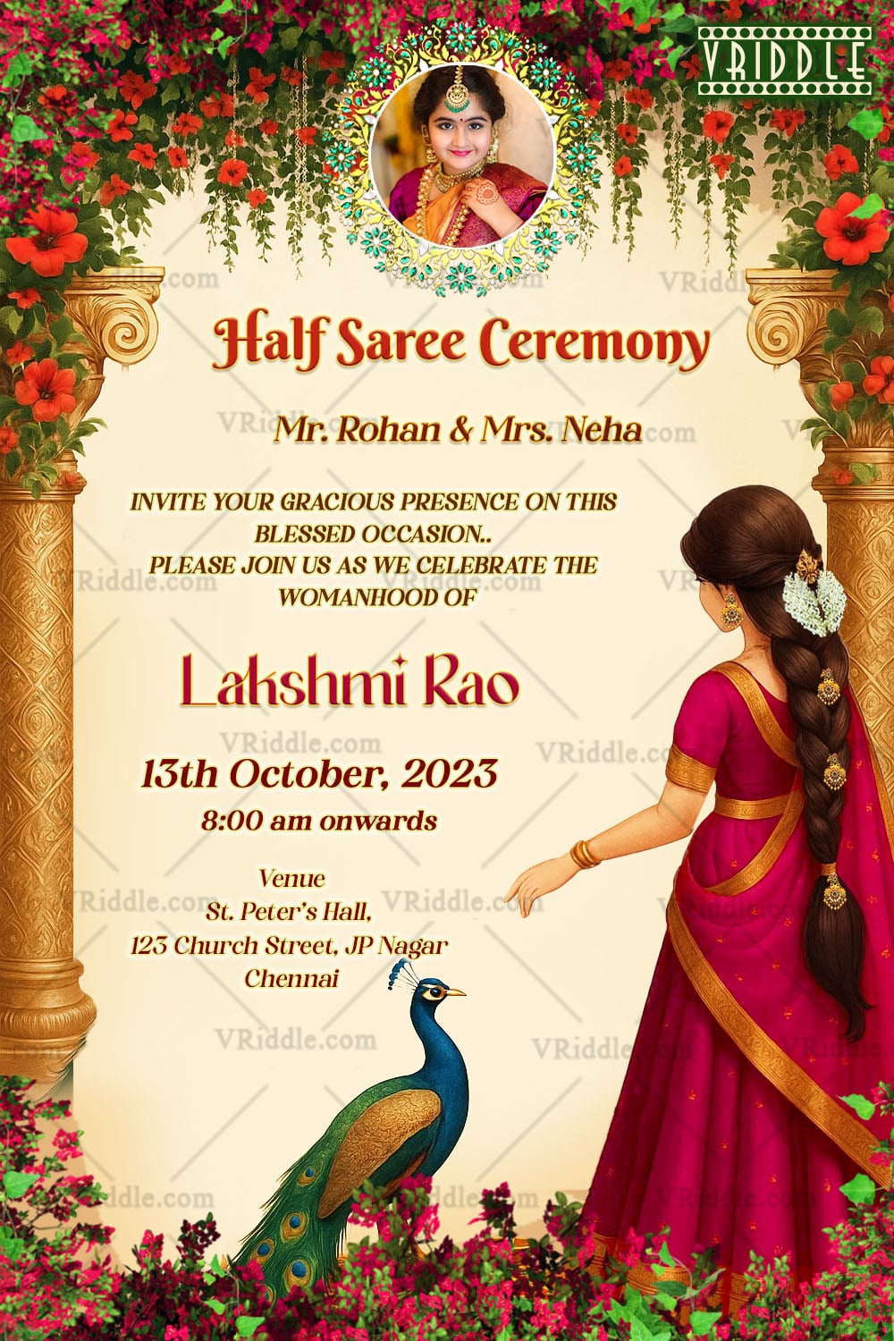 Cream themed Half Saree Ceremony Invitation card with traditional girl illustration Pink and red floral decor with Peacock and Add Photo Option
