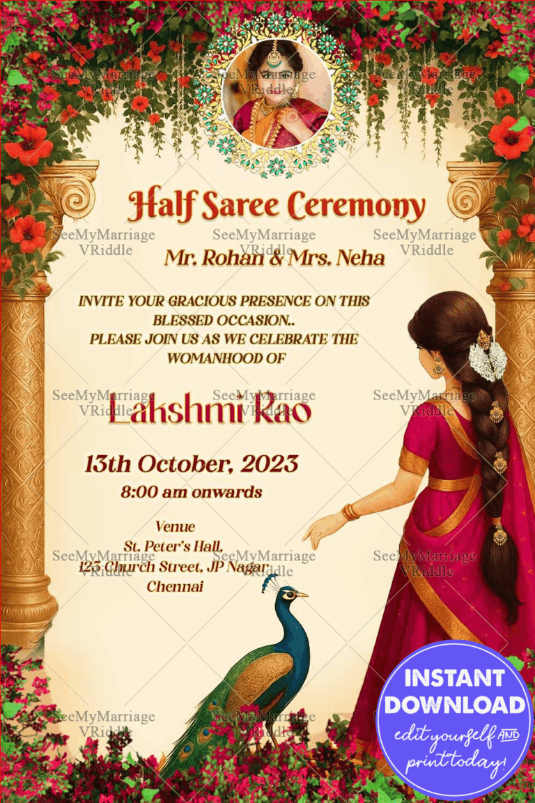 Cream themed Half Saree Ceremony Invitation card with traditional girl illustration Pink and red floral decor with Peacock and Add Photo Option