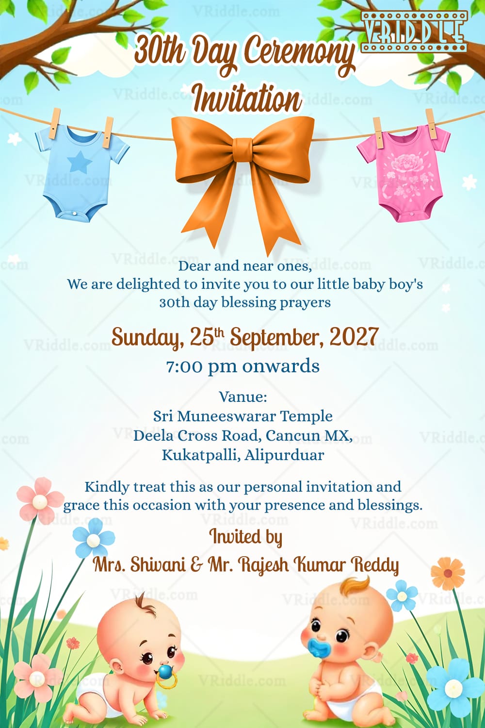 Cute Cartoon Boys 30th Day Prayers Invitation Card with Onesie Design and Floral Theme